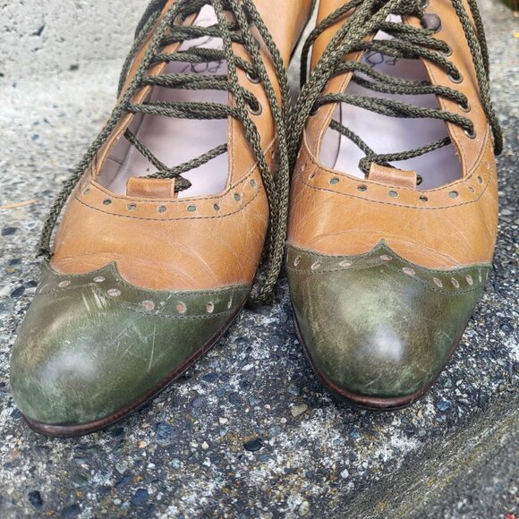John Fleuvog Leather Lace ups Heels Size 8.5 Vintage Green and Brown Shoes - Picture 7 of 12